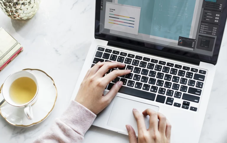 blogger sitting at a desk